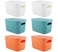 MOUYAT 6 PCS Storage Boxes With Lids, Plastic Storage Basket, Stackable Plastic Storage Baskets for Shelves, Kitchen, Office, Home, White, Green, Orange, 25 x 18 x 16cm