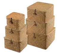 MOUYAT 6 PCS Wicker Baskets with Lids, Wicker Storage Baskets with Lids, Rectangular Handmade Organizer Bins, Handwoven Seagrass Storage Basket for Storage Home Decor