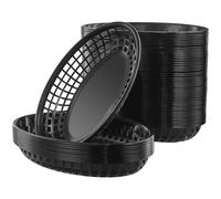 MOUYAT 60 PCS Black Oval Food Baskets, 23 x 14.5 x 4 cm Plastic Reusable Fast Food Baskets for Serving, Chip Basket Storage for Fries, Hot Dogs, Kitchen, Restaurant, Centerpiece Display, Picnics