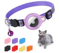 Mouyou Airtag Cat Collar, Airtag Collar Cat Soft Nylon Reflective with Bell and Safety Clasp, Tracking Cat Collar with Holder, Airtag Case, Adjustable from 22-36 cm, Purple