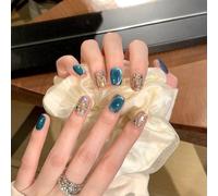 MouyouGlow 30 Pieces Press On Nails Short, Square Sky Sea Blue Glitter Diamond Cat Eye Magnetic Fake Nails with Nail Glue, Sky Lake Blue Shimmer Rhinestone Phototherapy Artificial Fingernails
