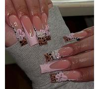 MouyouGlow Extreme Long False Nails, Square Leopard French 3D Kitty Wavy Flowers Floral Crystal Sweet Coquette Press on Nails with Nail Glue, White Tips Striped Y2K Fake Nails