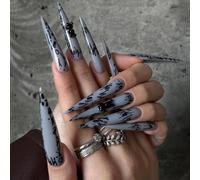 MouyouGlow Extreme Long False Nails, Stiletto Grey 3D Beer Letters, Y2K Nice Press on Nails with Nail Glue, Kawaii Cute Fake Nails
