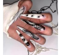 MouyouGlow Extreme Long False Nails, Stiletto Grey Sootsprite 3D Cross Spider Crocodiles Y2K Coquette Press on Nails with Nail Glue, Halloween Fake Nails