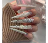 MouyouGlow Extreme Long False Nails, Stiletto Milky White 3D Butterfly Crystal Y2K Coquette Press on Nails with Nail Glue, White Fake Nails