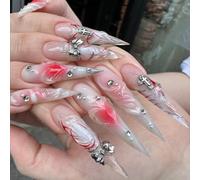 MouyouGlow Extreme Long False Nails, Stiletto Pink 3D Cross Bow Tie Heart Rhinestone Y2K Coquette Press on Nails with Nail Glue, Valentines Fake Nails