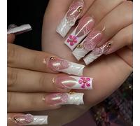 MouyouGlow False Nails Long Square Nude White French 3D Pink Floral Striped Gold Beads Y2K Coquette Press on Nails with Nail Glue, White Tips Flowers Summer Fake Nails