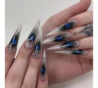 MouyouGlow Glow Press on Nails Long, Stiletto Halloween Airbrushing Black Heart Silver Striped Gothic Fake Nails with Nail Glue, Black Heart Silver Twill Artificial Fingernails