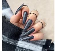 MouyouGlow Glow Press on Nails Long, Stiletto Halloween Black Glitter Plain Glossy Fake Nails with Nail Glue, Black Shimmer Solid Artificial Fingernails