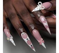 MouyouGlow Glow Press On Nails Short Long, Stiletto White French 3D Bow Tie Butterfly Pearl Diamond Y2K Fake Nails with Nail Glue, White Tips Artificial Fingernails