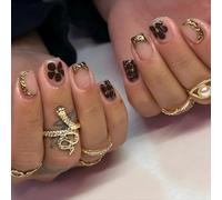 MouyouGlow Glow Press On Nails Short, Square 3D Gold Striped French Leopard Design Flowers Floral Fake Nails with Nail Glue, Natural Base Flowers Twill Artificial False Nails