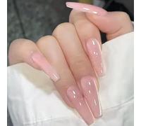 MouyouGlow Long Fake Nails, Ballerina Monocolour Nude Baby Pink Cat Eye Magnetic Cat Eye Press on Nails with Glue, Natural Pink Phototherapy Fake Nails