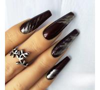 MouyouGlow Long False Nails, Ballerina Dark Red Burgundy Silver Glitter Press on Nails with Nail Glue, Dark Wine Red Marble Sliver Shimmer Fake Nails