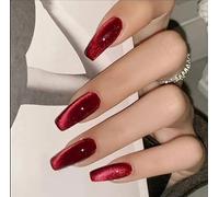 MouyouGlow Long False Nails, Ballerina Solid Red Cherry Cat Eye Magnetic Cat Eye Press on Nails with Glue, Cherry Red Fake Nails
