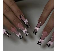 MouyouGlow Long False Nails, Square Black Lace French 3D Bow Bow Tie Crystal Y2K Press on Nails with Nail Glue, Black Tips Rhinestones Fake Nails