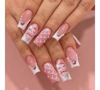 MouyouGlow Long False Nails, Square Cute Kawaii Nude Pink White French 3D Kitty Cardboard Diamond Heart Star Pearl Y2K Coquette Press on Nails with Nail Glue, White Tips Sweet Fake Nails