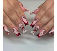 MouyouGlow Long False Nails, Square Halloween Spider Web Red French 3D Spiders Heart Skull Creepy Spooky Horror Gothic Press on Nails with Nail Glue, Red Tips Fake Nails