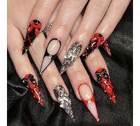 MouyouGlow Long False Nails, Stiletto Black Red 3D Bow Tie Bow Tie Rhinestone Lace Rhinestones Press on Nails with Nail Glue, Silver Line Fake Nails
