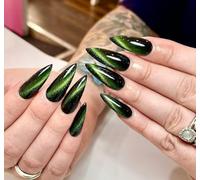 MouyouGlow Long False Nails, Stiletto Cat Eye Dark Green Magnetic Press on Nails with Nail Glue, Green Phototherapy Fake Nails