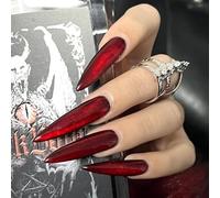 MouyouGlow Long False Nails, Stiletto Cat Eye Dark Red Bordeaux Plain Magnetic Press on Nails with Glue, Dark Wine Red Phototherapy Fake Nails