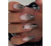 MouyouGlow Long False Nails, Stiletto Halloween Ombre Black Glitter Sparkly Gothic 3D Rhinestones Press on Nails with Nail Glue, Gradient Black Fake Nails