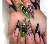 MouyouGlow Long False Nails, Stiletto Halloween Spider Web Black French 3D Spiders Skull Creepy Spooky Horror Gothic Press on Nails with Nail Glue, Black Tips Fake Nails