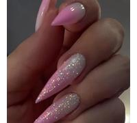 MouyouGlow Long False Nails, Stiletto Milky White Farbverlauf Rosa Glitter Cool Press on Nails with Nail Glue, Pink Ombre Shimmer Fake Nails