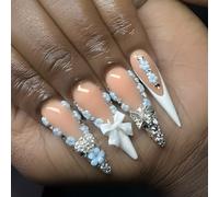 MouyouGlow Long False Nails, Stiletto Nude French 3D Crystal Hibiscus Flower Fairy Butterfly Y2K Coquette Press on Nails with Nail Glue, Flower Summer Fake Nails