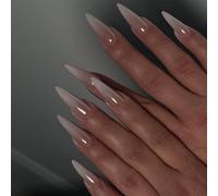 MouyouGlow Long False Nails, Stiletto Nude Gradient White Milky Sheer Glazed Donut Hailey Bieber Press on Nails with Nail Glue, Gradient White Chrome Fake Nails