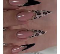 MouyouGlow Long False Nails, Stiletto Nude Pink Black Leopard French Gold Glitter Wavy Press on Nails with Nail Glue, Black Tips Gold Wellenlinie Natural Pink Fake Nails