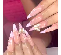 MouyouGlow Long False Nails, Stiletto Nude Pink French 3D Crystal Hibiscus Flower Fairy Butterfly Y2K Coquette Press on Nails with Nail Glue, Flower Summer Fake Nails