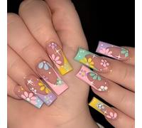 MouyouGlow Long Square Coloured French Flowers Floral Star Design Press on Nails with Nail Glue, Colourful Tips Multiple Colour Flowers Summer INS Fake Nails