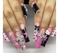 MouyouGlow Press on Nails Extremely Long, Ballerina Pink Kawaii Cute 3D Bow Kitty Stars Cross Rhinestone Pearl Bow Tie Cartoon Leopard Fake Nails Artificial Nails with Nail Glue, Gyaru Artificial