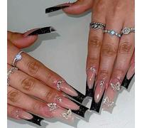 MouyouGlow Press on Nails Long, Square Nude Black Glitter French 3D Butterfly Rhinestone Y2K Coquette Fake Nails Artificial Nails, Black Tips Butterfly Summer Artificial Fingernails