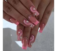 MouyouGlow Press on Nails Long Square Valentine Pink French Heart Silver Striped Glitter Diamond Design Fake Nails Pink Heart Love Rhinestone Silver Twill Sweet INS Artificial Fingernails
