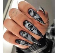 MouyouGlow Press on Nails Long, Stiletto Airbrushing Black 3D Butterfly Snake Gothic Fake Nails with Nail Glue, Black Gradient Butterfly Snake Artificial Fingernails