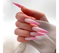 MouyouGlow Press on Nails Long, Stiletto Milky White Gradient Pink Fake Nails with Nail Glue, Milky White Gradient Pink Artificial Fingernails