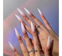 MouyouGlow Press on Nails Long, Stiletto Pink Gradient White Fake Nails with Nail Glue, Pink Gradient White Artificial Fingernails