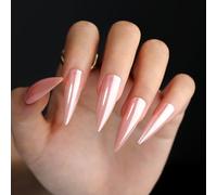 MouyouGlow Press on Nails Long, Stiletto Plain Pink Glazed Doughnut Plain Colour Hailey Bieber Fake Nails with Nail Glue, Pink Solid Aurora Chrome Artificial Fingernails