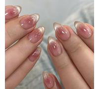 MouyouGlow Press on Nails Short, Almond Airbrushing Blush Red Glitter Cat Eye Magnetic Fake Nails with Nail Glue, Pink Red Shimmer Phototherapy Artificial Fingernails for Women and Girls