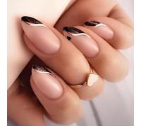 MouyouGlow Press on Nails Short Almond Black French Gold Striped Heart Design Almond Fake Nails with Nail Glue, Black Tips Twill Love Valentine Summer INS Artificial Fingernails