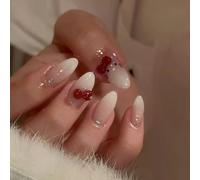MouyouGlow Press on Nails Short Almond Nude Gradient White Cute Kawaii Kitty 3D Bow Tie Diamond Fake Nails with Nail Glue, Natural Colour Gradient White Artificial Fingernails
