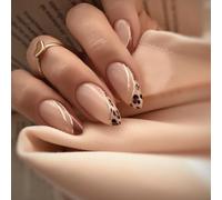 MouyouGlow Press on Nails Short, Almond Nude Leopard French Golden Twill Coffee Colour Feather Autumn Fake Nails, Natural Gold Wavy Autumn Acrylic False Nails