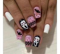MouyouGlow Press on Nails Short, Square Halloween Scream Ghostface Letters Ghost Bat Star Skull Horror Creepy Fake Nails with Nail Glue, Spooky Artificial Fingernails