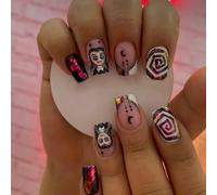 MouyouGlow Press on Nails Short, Square Halloween Witchy Moon Iridescent Glitter Creepy Horror Cute Cartoon Fake Nails with Nail Glue, Shimmer Star Moon Artificial Fingernails