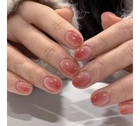 MouyouGlow Press on Nails Short, Square Mini Pink Red Blush Gradient Design Fake Nails, Pink Red Plain Ombre Pure Colour Summer INS Sweet Artificial False Nails