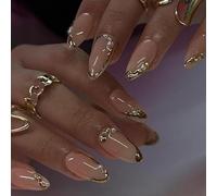 MouyouGlow Short False Nails, Almond 3D Gold Twill French Pearl Press on Nails with Nail Glue, Natural Base Golden Striped Fake Nails for Women and Girls