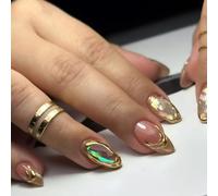 MouyouGlow Short False Nails, Almond 3D Gold Twill Glitter French Silver Film Aura Press on Nails with Nail Glue, Natural Gradient Sparkly Fake Nails