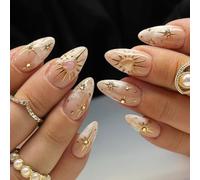 MouyouGlow Short False Nails, Almond Airbrushing White 3D Heart Stars Diamond Press on Nails with Nail Glue, Natural Heart Crystal Fake Nails for Women and Girls