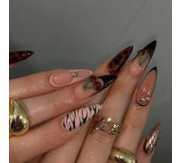 MouyouGlow Short False Nails, Almond Black French Leopard Zebra 3D Cherries Gold Striped Autumn Press on Nails with Nail Glue, Black Tips Cherries Acryl Autumn Fake Nails